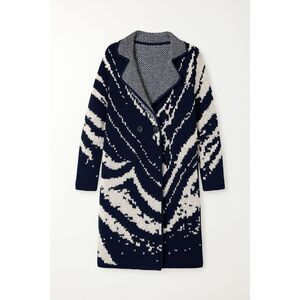 ONE GREY‎ DAY Patterned Wool Blend Long Cardigan Navy/White Small